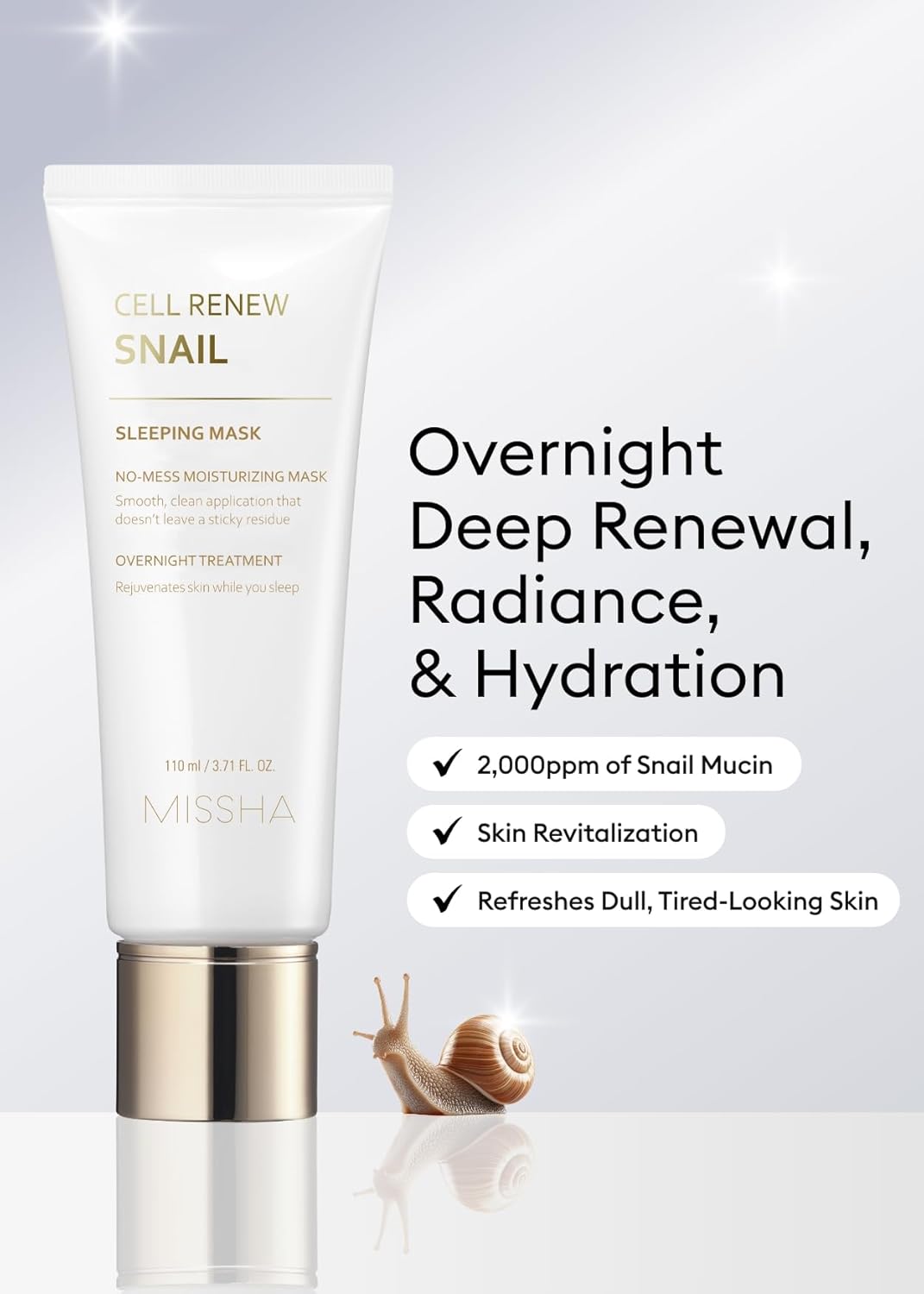 MISSHA Cell Renew Snail Sleeping Mask, 3.71 Fl oz I Korean Overnight Face Mask with Snail Slime Extract for Acne Scars, Wrinkles, Redness & Dull Skin