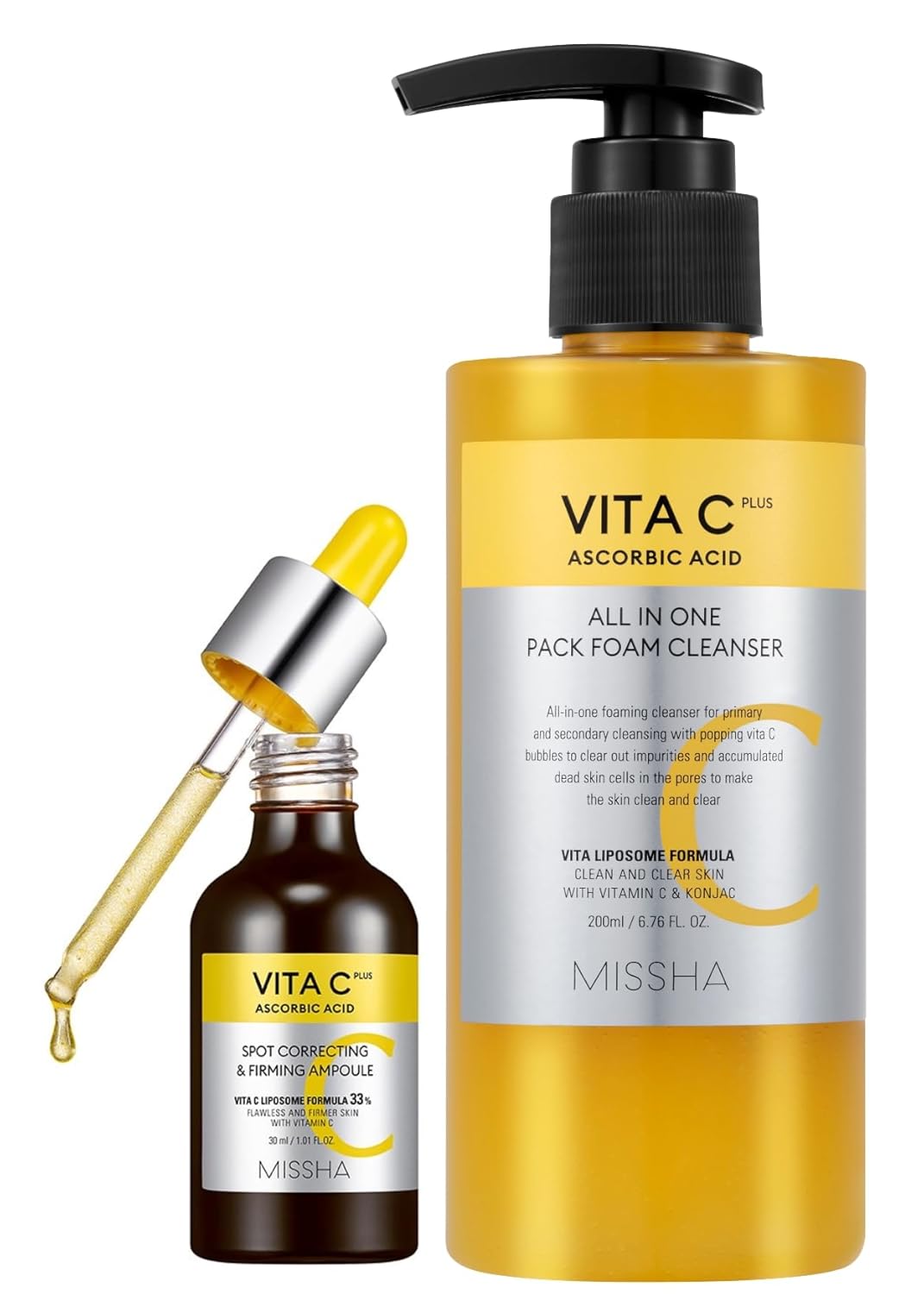 MISSHA VITA C Plus SPOT Correcting & Firming Ampoule + Vita C All-In-One Bubble Foam Facial Cleanser– Korean Skincare Duo with 99% Pure Vitamin C for Deep Pore Detox, Spot Correction, and Firming