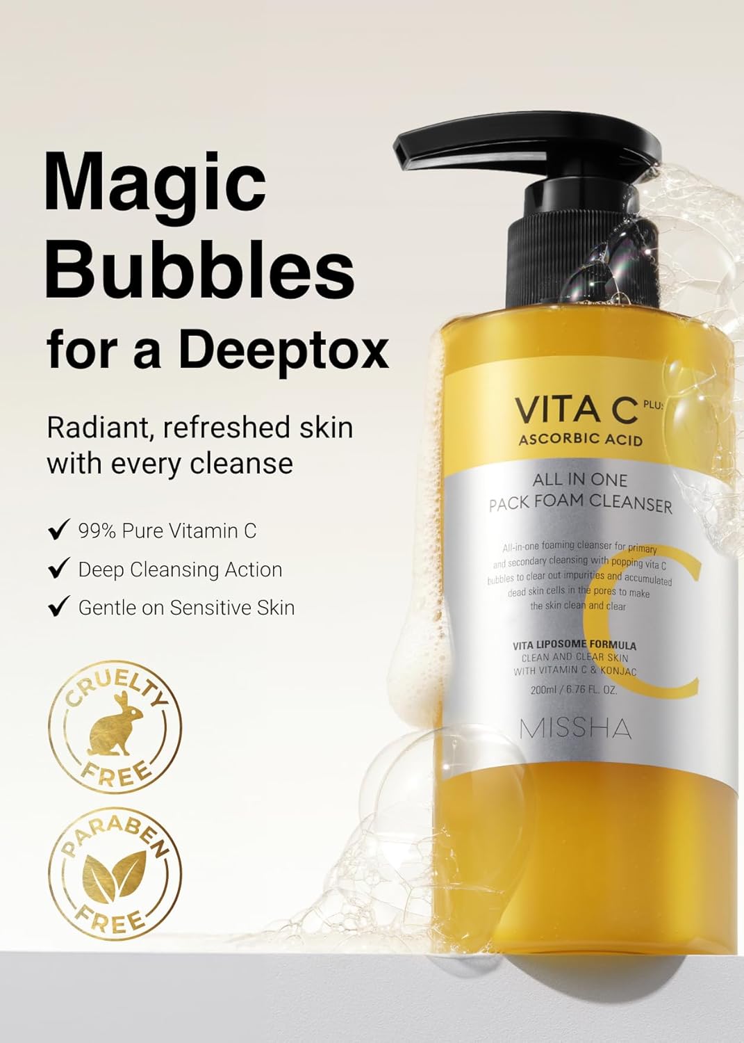 MISSHA VITA C Plus SPOT Correcting & Firming Ampoule + Vita C All-In-One Bubble Foam Facial Cleanser– Korean Skincare Duo with 99% Pure Vitamin C for Deep Pore Detox, Spot Correction, and Firming