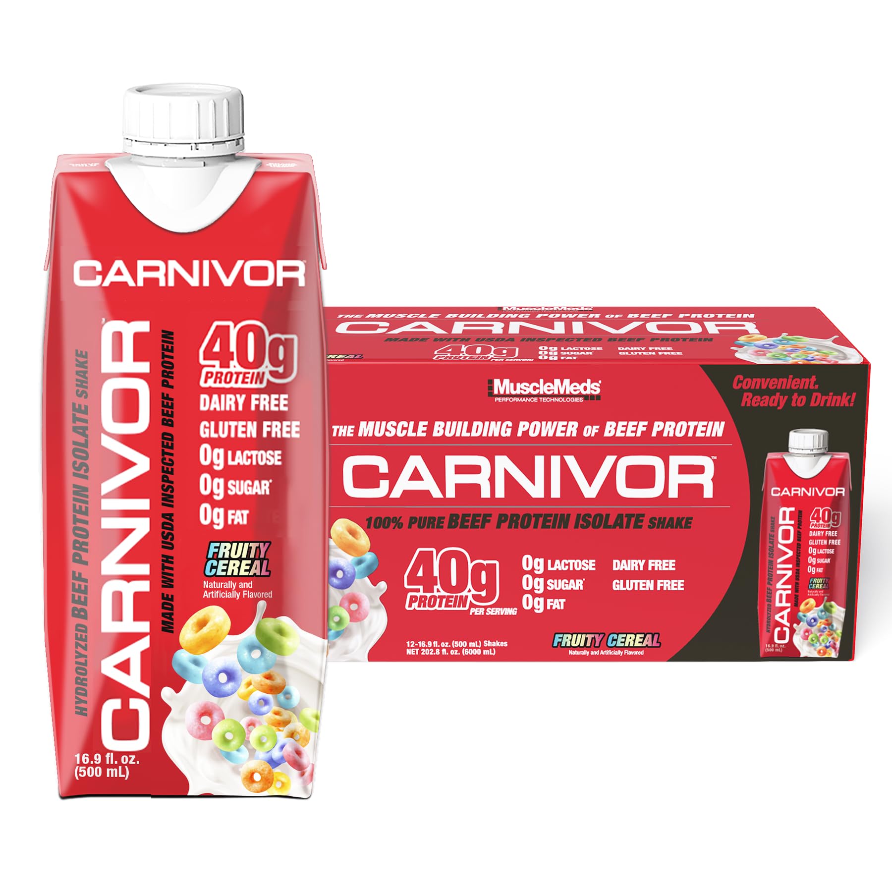 MuscleMeds Carnivor RTD, Ready to Drink Protein, Lactose Free, Sugar Free, 40g Isolate Protein, Muscle Building, Recovery, Vanilla Cupcake, 16.9 Fl Oz, Liquid (Pack of 12)