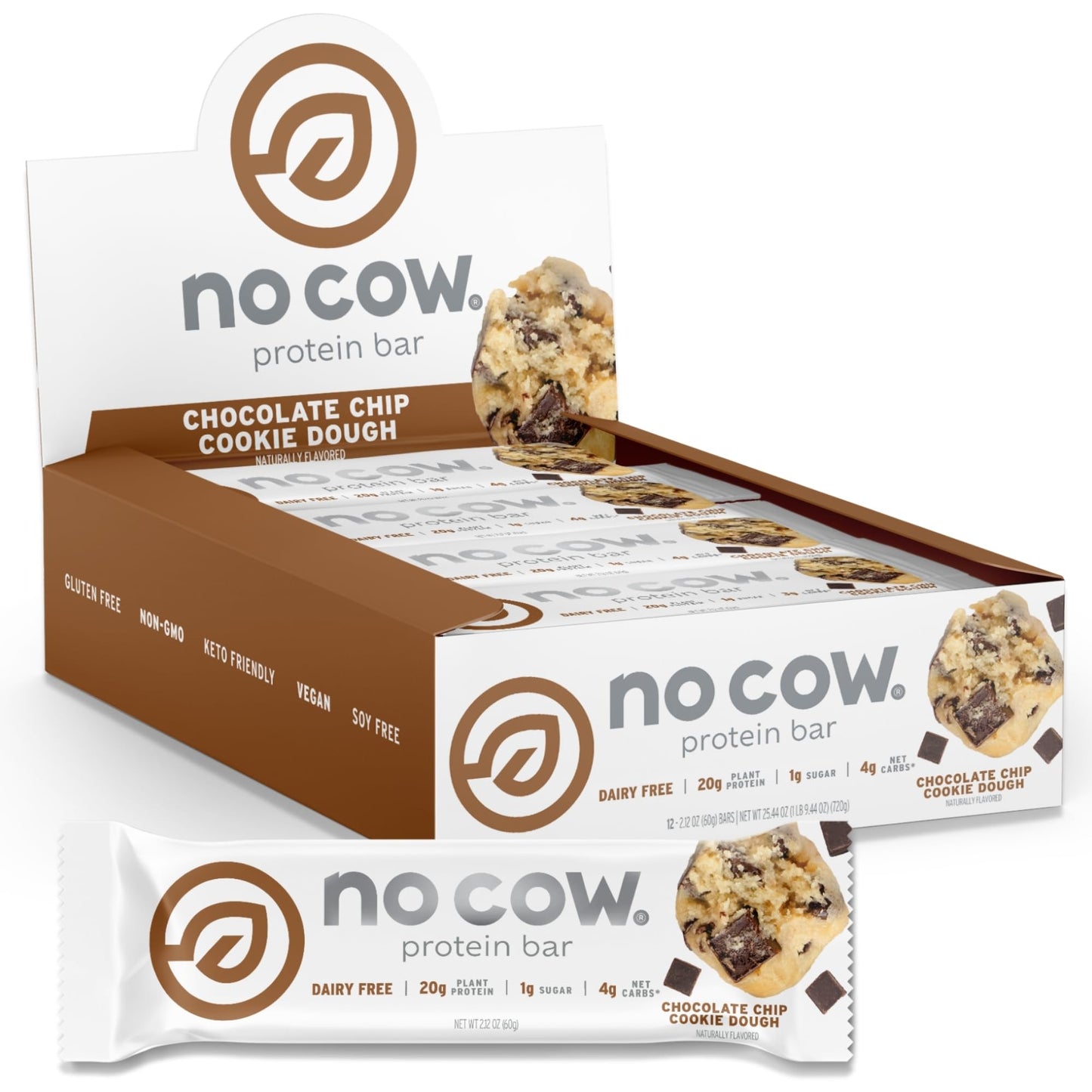 No Cow Cookies 'n Cream Vegan Protein Bars, 12 Pack | 20g High Plant-Based Protein, High Fiber, Low Sugar, Gluten-Free, Dairy-Free, Soy-Free, Keto-Friendly Snack Bars