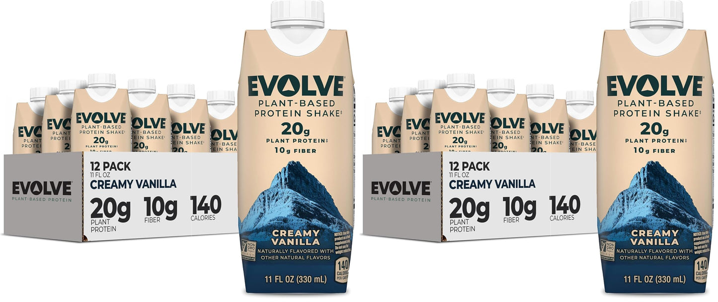 Evolve Plant Based Protein Shake, Double Chocolate, 20g Vegan Protein, Dairy Free, No Artificial Sweeteners, Non-GMO, 10g Fiber, 11 Fl Oz (Pack of 12) - (Formula May Vary)