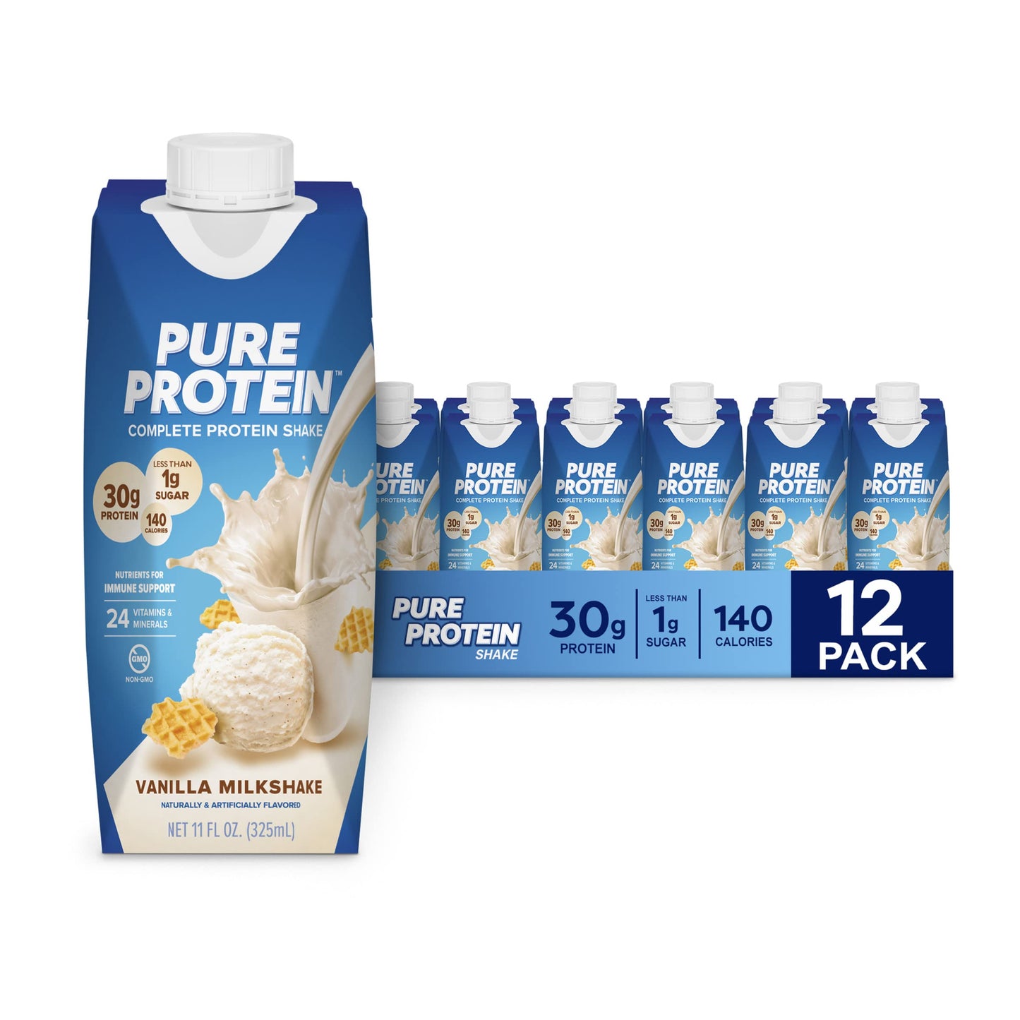 Pure Protein Chocolate Protein Shake, 30g Complete Protein, Ready to Drink and Keto-Friendly, Vitamins A, C, D, and E plus Zinc to Support Immune Health, 11oz Bottles, 12 Pack