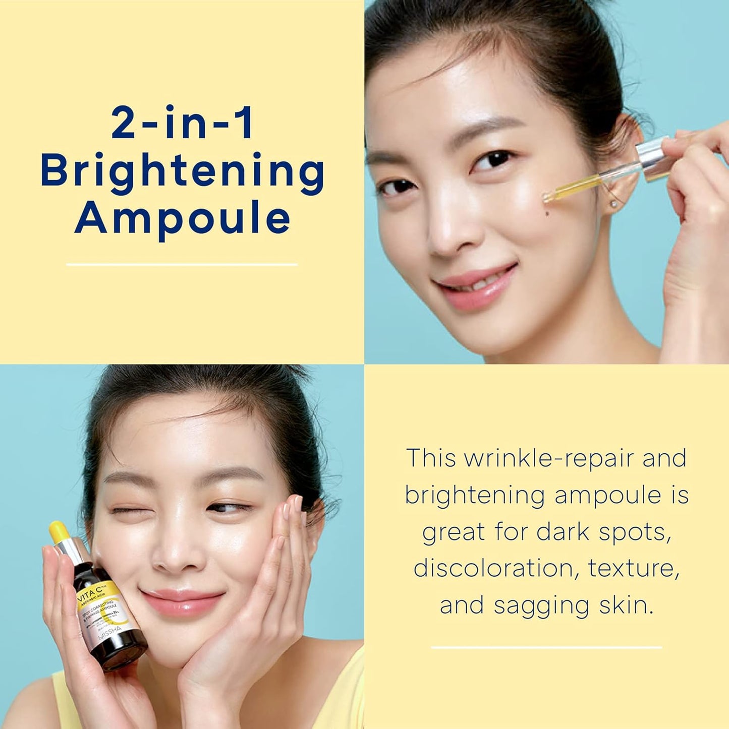 MISSHA VITA C Plus SPOT Correcting & Firming Ampoule + Vita C All-In-One Bubble Foam Facial Cleanser– Korean Skincare Duo with 99% Pure Vitamin C for Deep Pore Detox, Spot Correction, and Firming