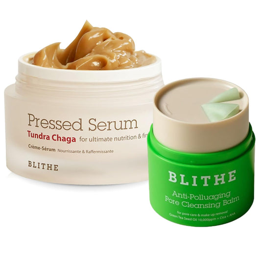 BLITHE Pressed Serum Tundra Chaga 1.68 Fl Oz + Anti-Polluaging Pore Cleansing Balm 1.7 Fl Oz