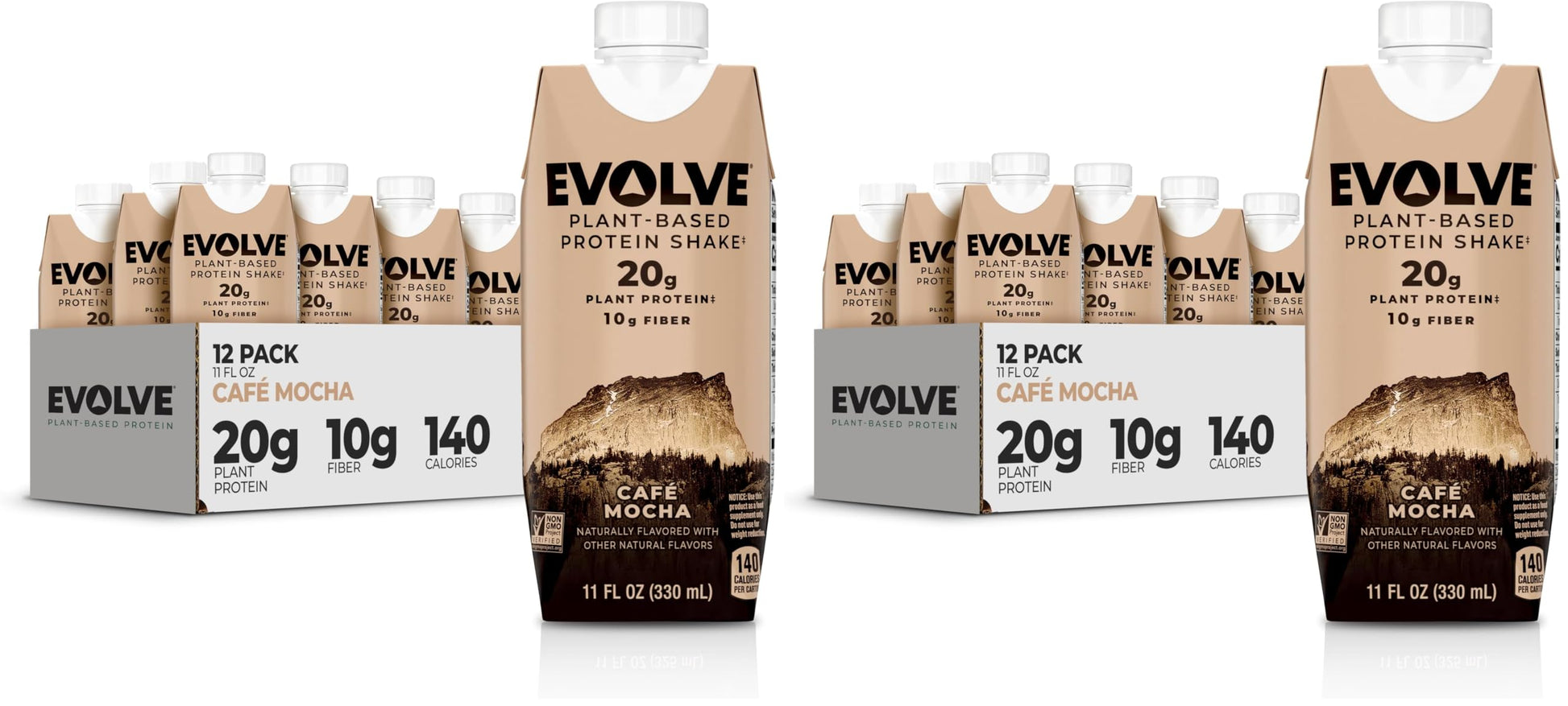 Evolve Plant Based Protein Shake, Double Chocolate, 20g Vegan Protein, Dairy Free, No Artificial Sweeteners, Non-GMO, 10g Fiber, 11 Fl Oz (Pack of 12) - (Formula May Vary)