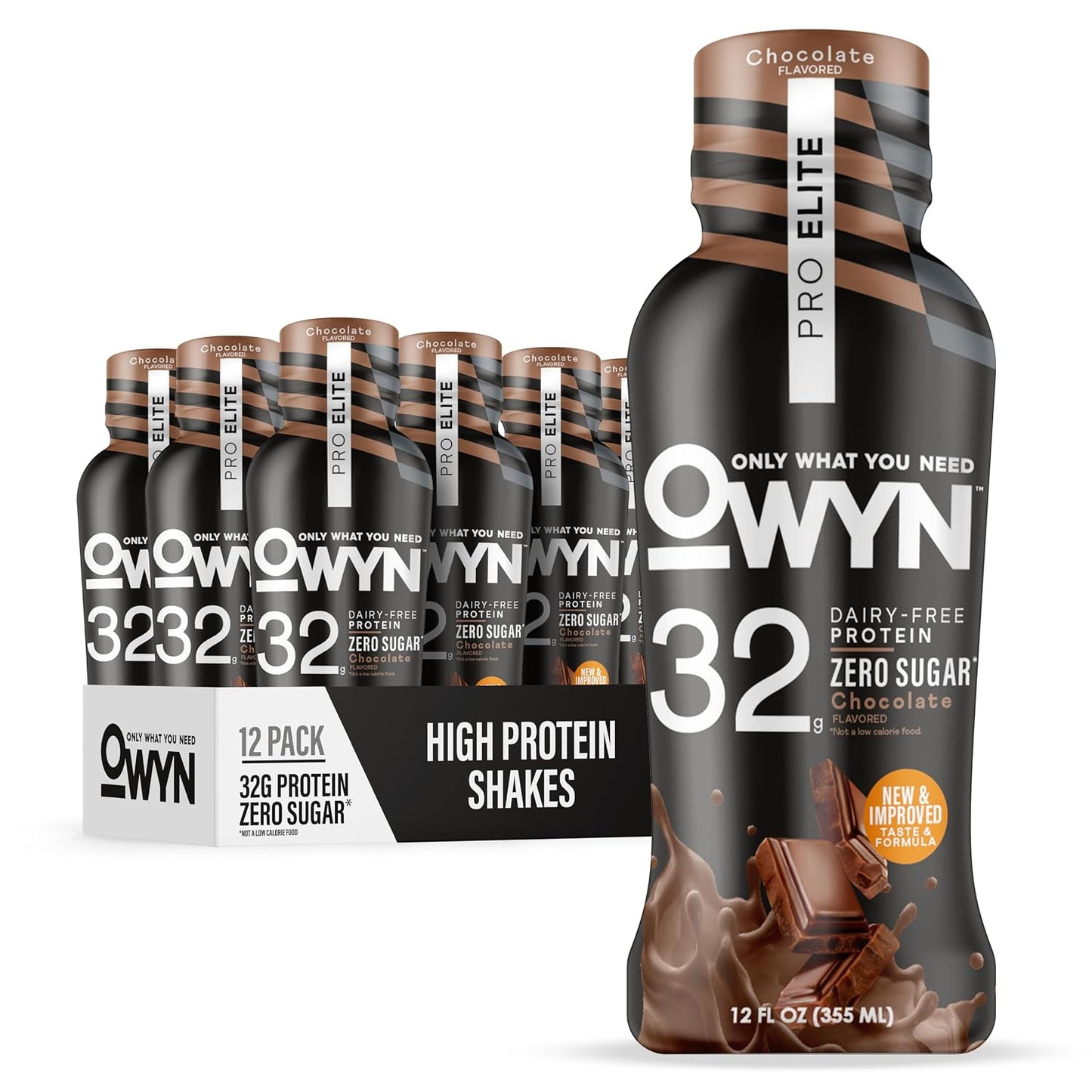 OWYN Only What You Need Pro Elite Chocolate Flavored Protein Shake, 32g Protein, 0g Sugar, High Protein, Dairy Free, Gluten Free, Plant Based Protein Drink, 12 Count