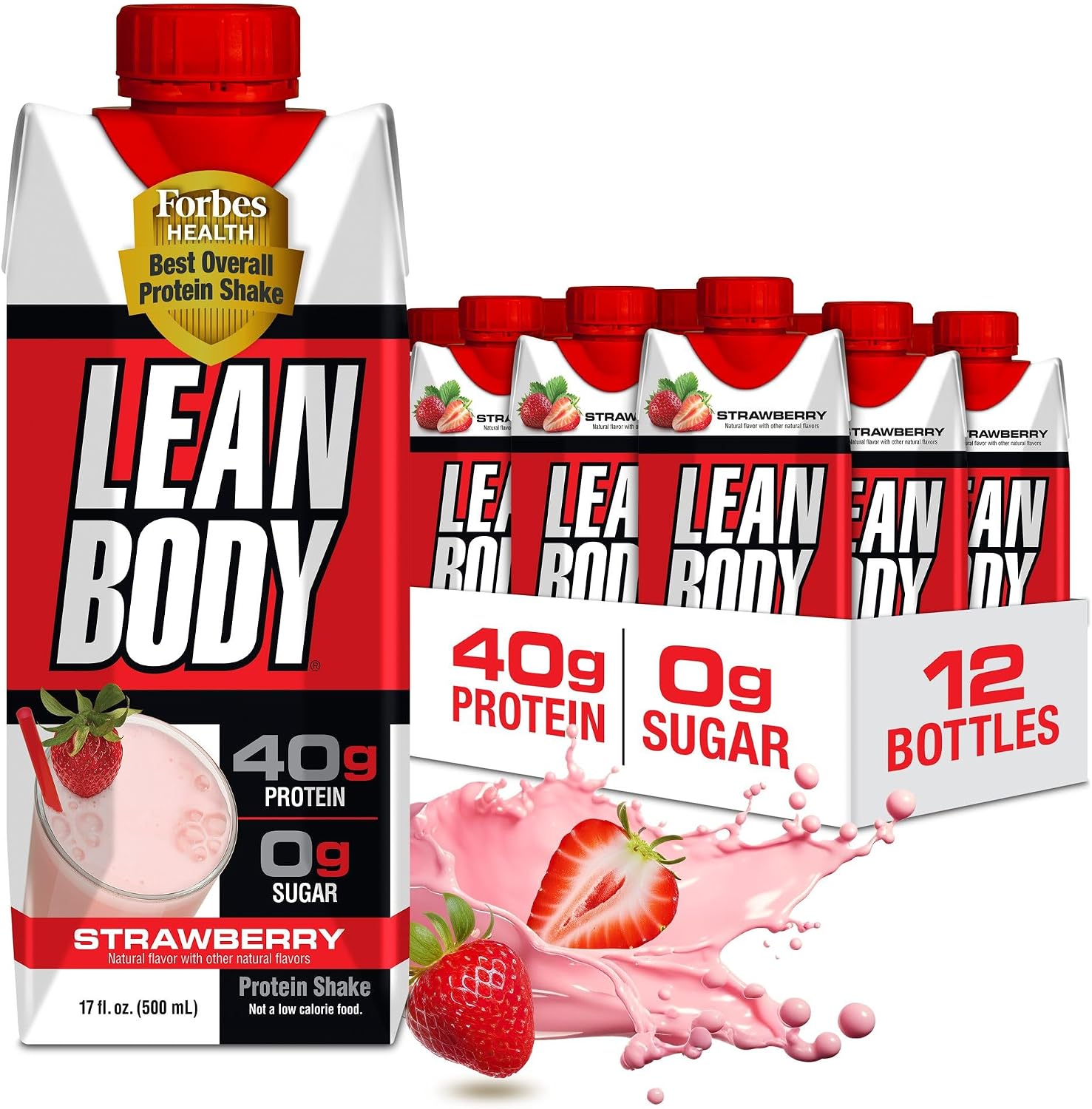 Labrada Lean Body Ready-to-Drink Strawberry Protein Shake, Bottle, 40g Protein, Whey Blend, 0 Sugar, Gluten Free, 22 Vitamins & Minerals, 17 Ounce (Recyclable Carton & Lid - Pack of 12)