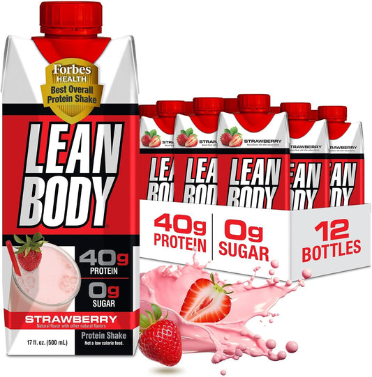 Labrada Lean Body Ready-to-Drink Strawberry Protein Shake, Bottle, 40g Protein, Whey Blend, 0 Sugar, Gluten Free, 22 Vitamins & Minerals, 17 Ounce (Recyclable Carton & Lid - Pack of 12)