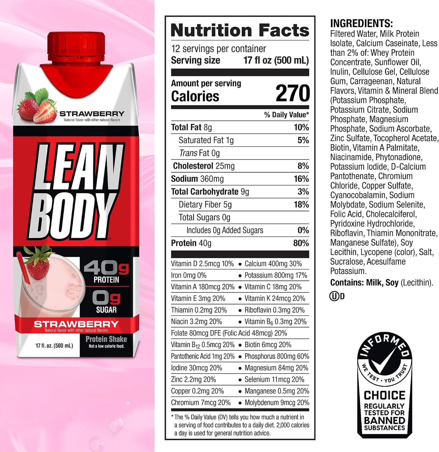 Labrada Lean Body Ready-to-Drink Strawberry Protein Shake, Bottle, 40g Protein, Whey Blend, 0 Sugar, Gluten Free, 22 Vitamins & Minerals, 17 Ounce (Recyclable Carton & Lid - Pack of 12)